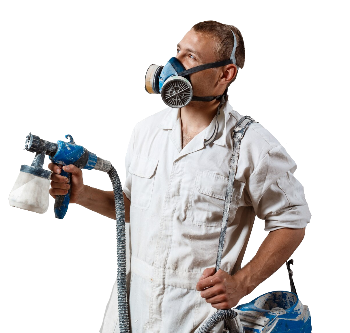 Man holding a paint sprayer, ready to paint a surface with precision and efficiency, suitable for large painting projects.