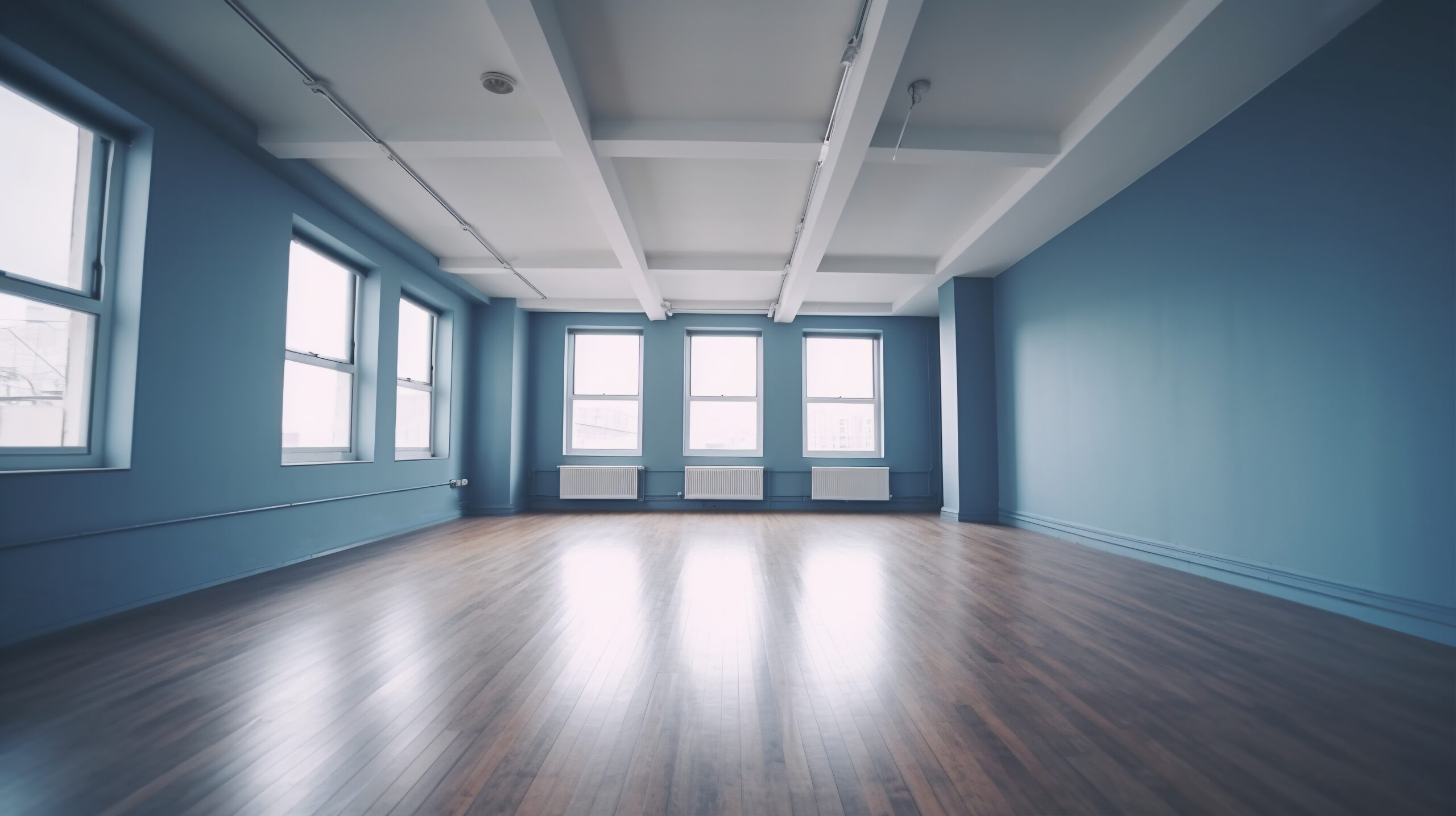 Empty room with blue walls and white ceilings, highlighting a clean and modern design by The Painting Doctor, a professional painting company in Sterling, IL.